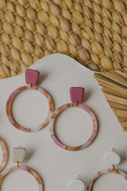 golden earrings with acrylic in white, petrol and brown