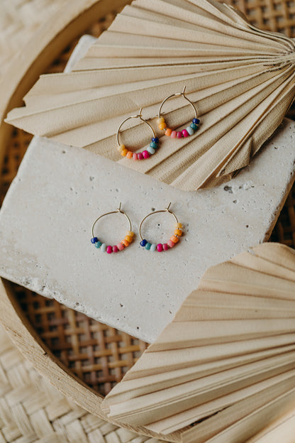 Hoop earrings with round plate - champagne colors