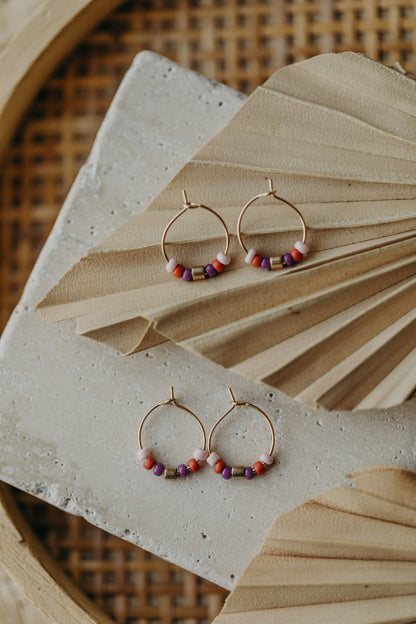 Hoop earrings with round plate - champagne colors