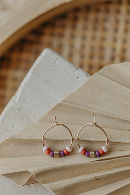 Hoop earrings with round plate - champagne colors