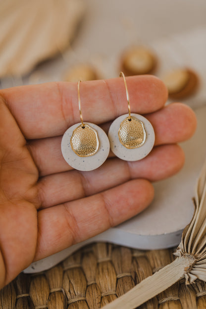 Hoop earrings with round polymer clay pendant and leaf