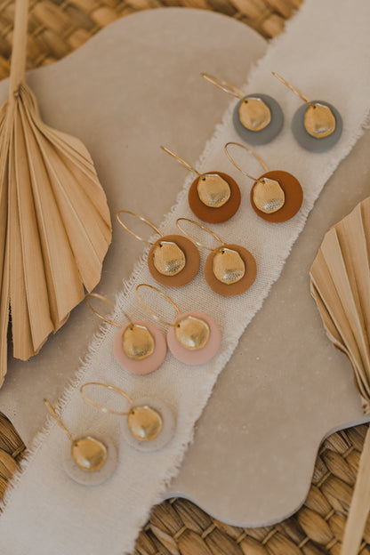 Hoop earrings with round polymer clay pendant and leaf