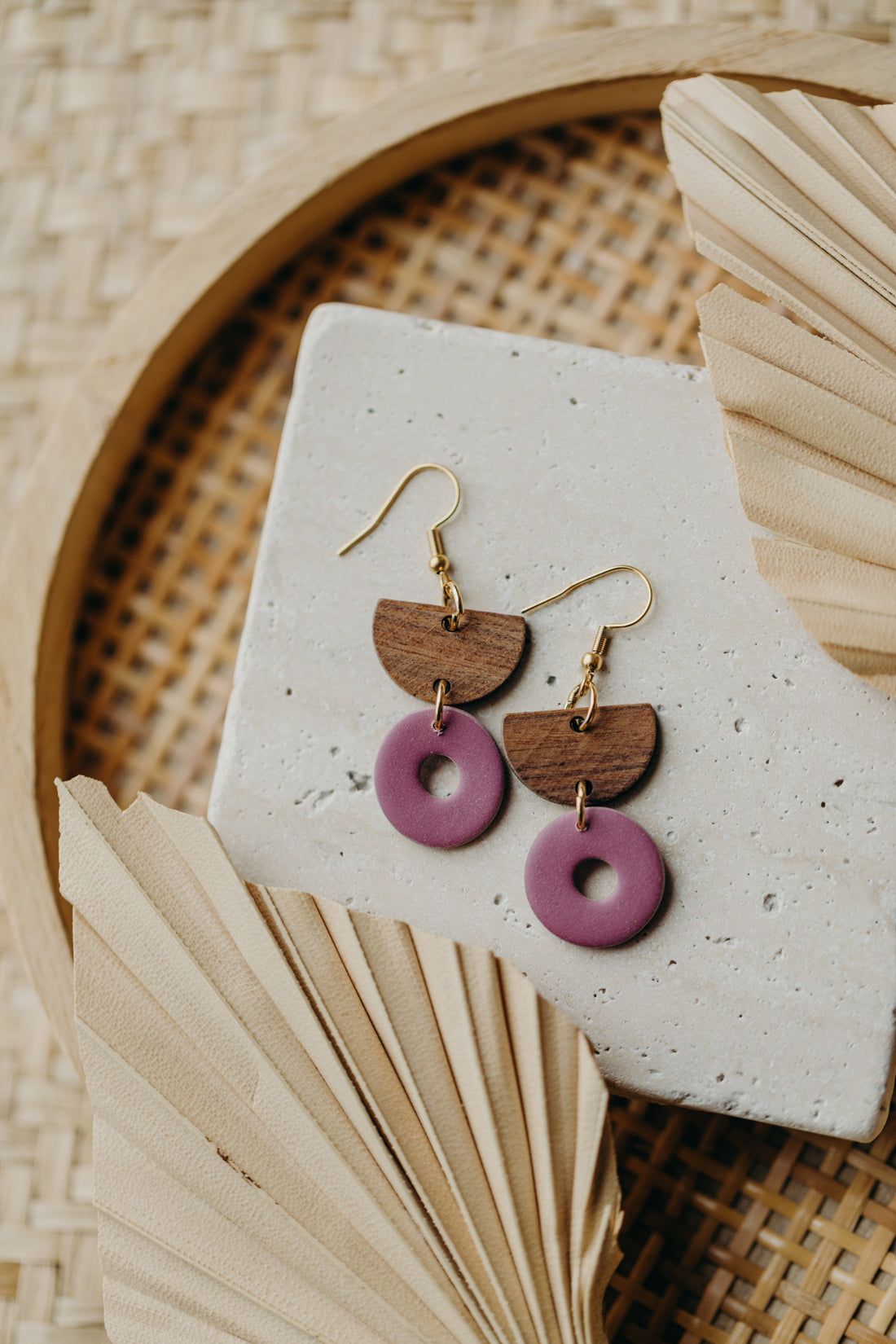 triangular polymer clay earrings in eucalyptus green with rectangular wooden pendant