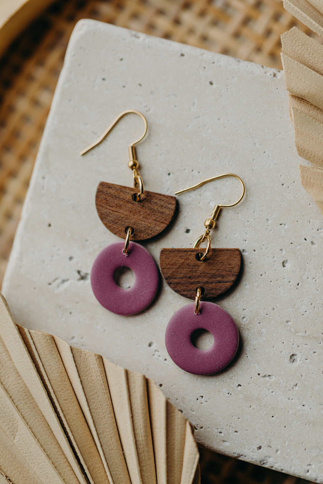 triangular polymer clay earrings in eucalyptus green with rectangular wooden pendant