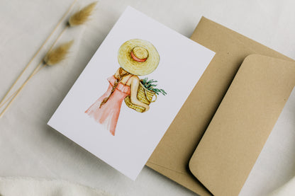 Postkarte Frau mit Korb mit Blumen