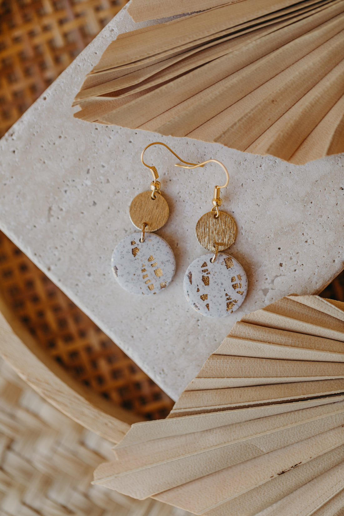 bright polymer clay earrings with gold leaf