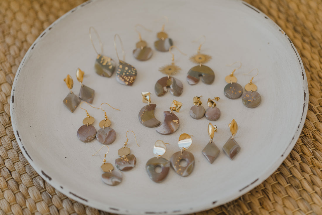 three-colored polymer clay earrings in ceramic look