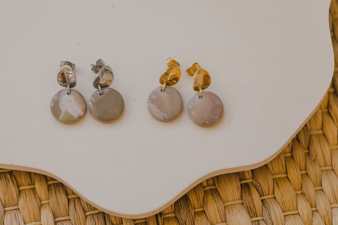 three-colored polymer clay earrings in ceramic look