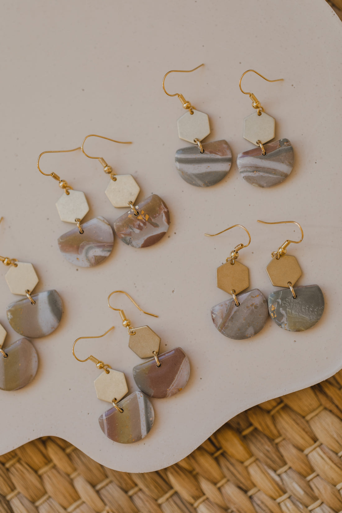 three-colored polymer clay earrings in ceramic look