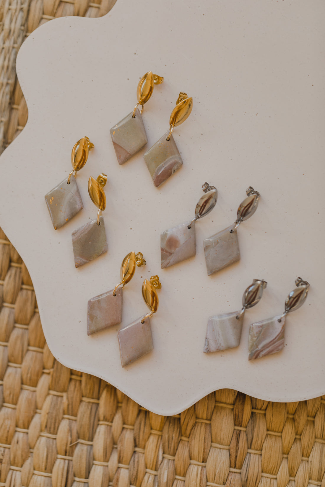 three-colored polymer clay earrings in ceramic look