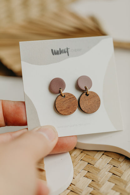 round pastel blue polymer clay earrings with round wooden pendant