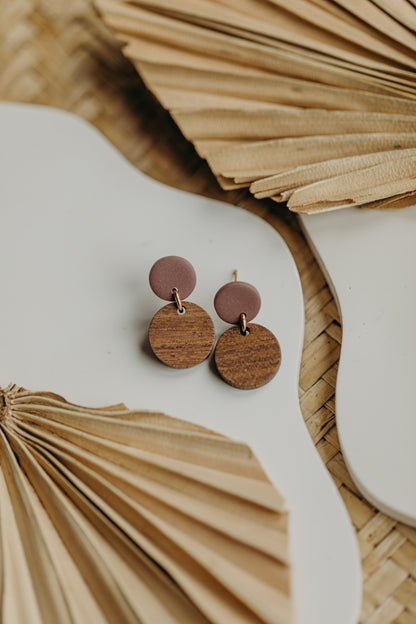 round pastel blue polymer clay earrings with round wooden pendant