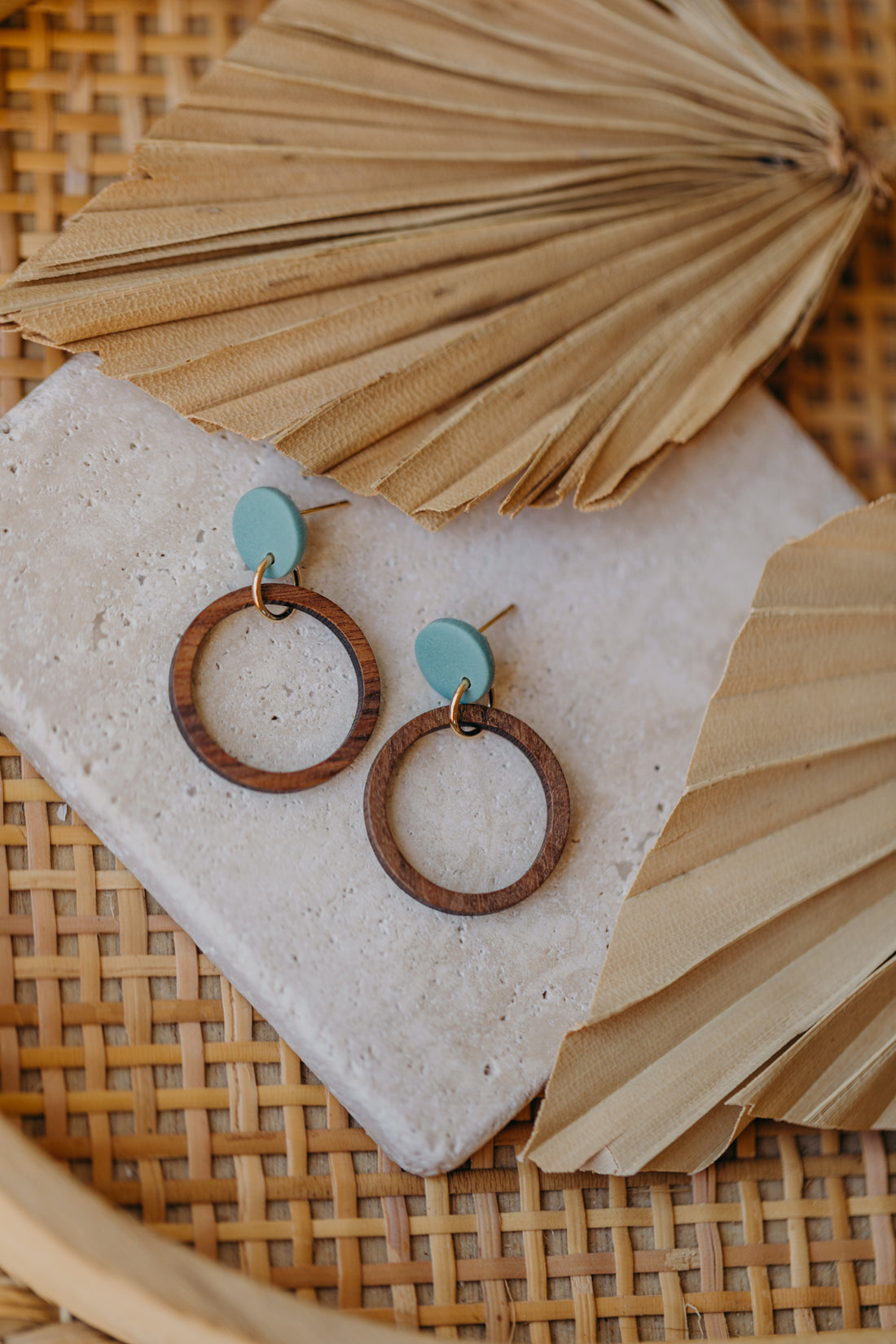 MALIA - turquoise polymer clay earrings with wooden pendant circle