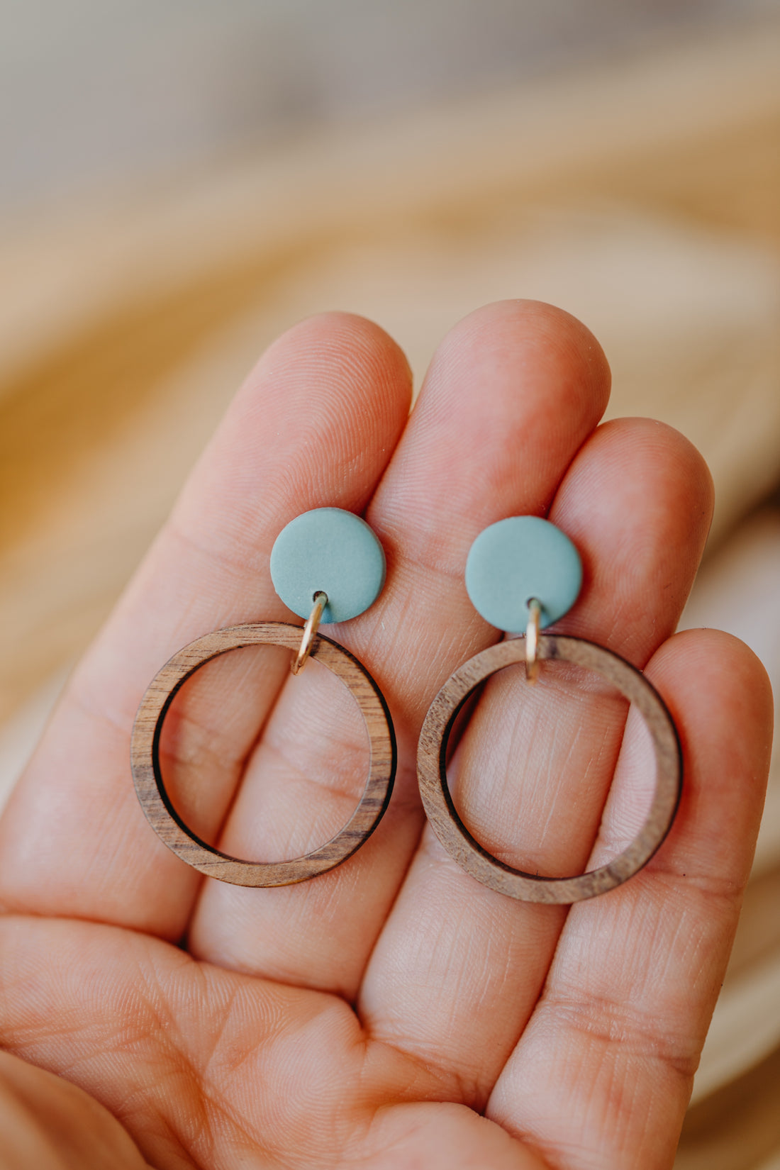 MALIA - turquoise polymer clay earrings with wooden pendant circle