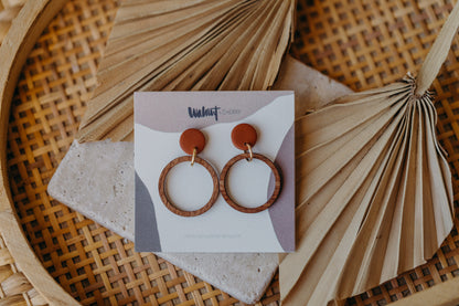 Cinnamon colored polymer clay earrings with wooden pendant circle