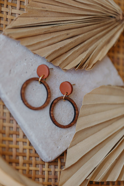 Cinnamon colored polymer clay earrings with wooden pendant circle
