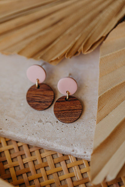 round pink polymer clay earrings with round wooden pendant