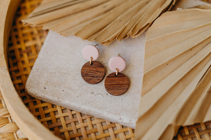 round pink polymer clay earrings with round wooden pendant