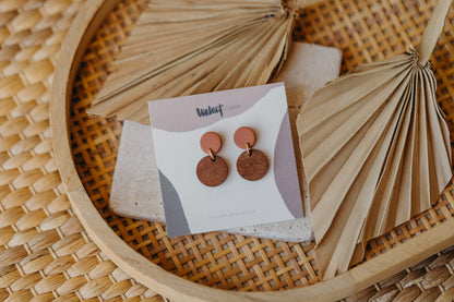 Cinnamon colored round polymer clay earrings with round wooden pendant