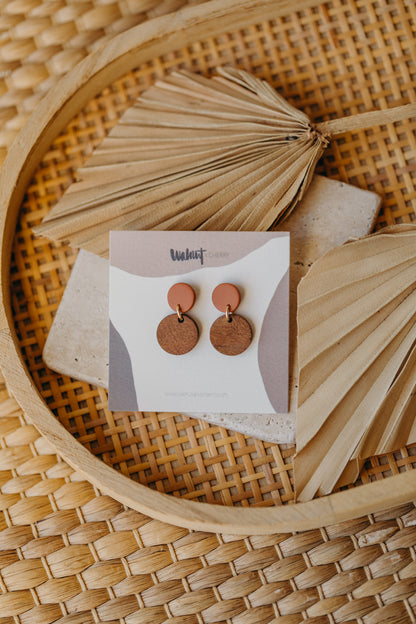Cinnamon colored round polymer clay earrings with round wooden pendant
