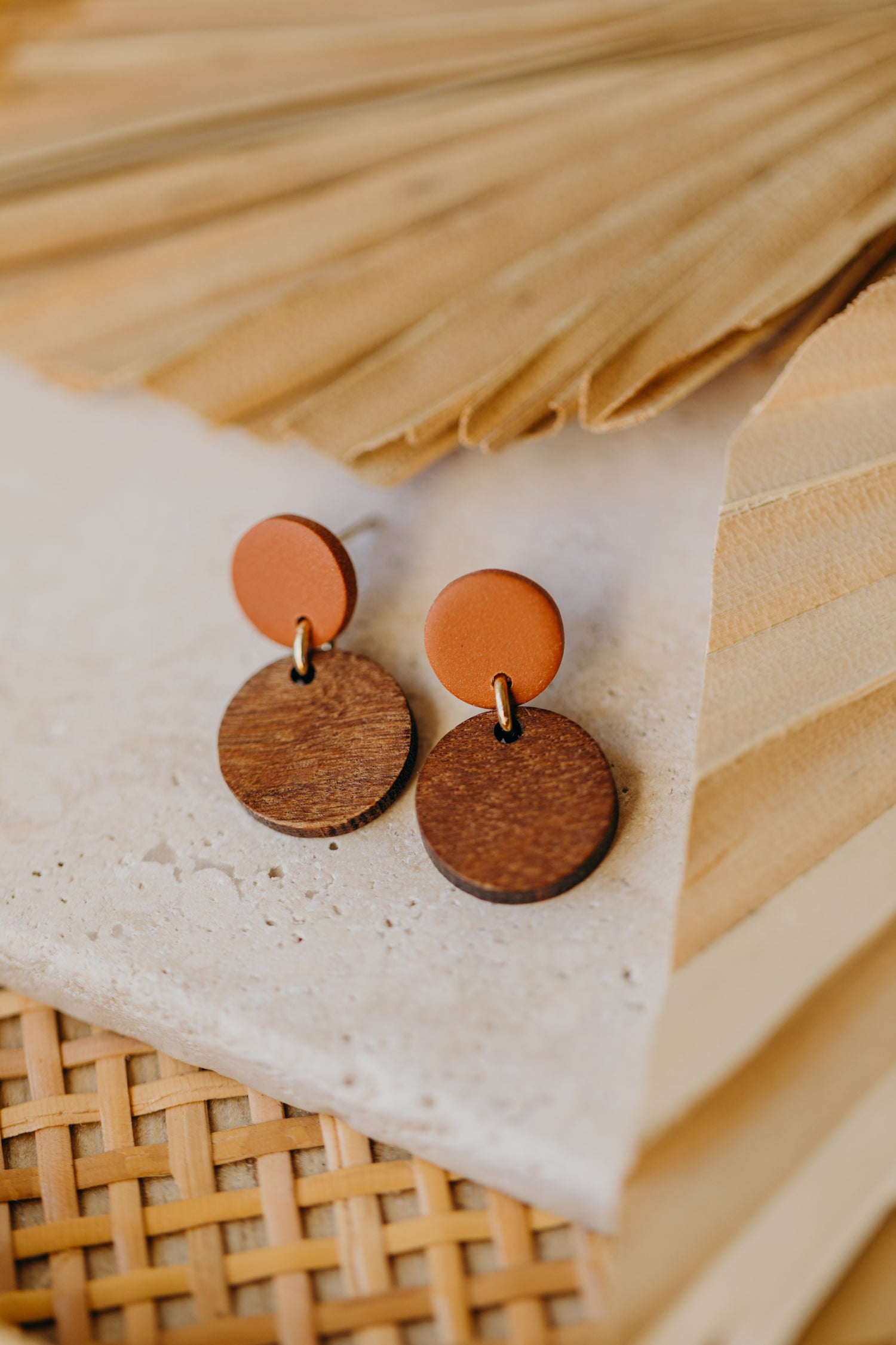 Cinnamon colored round polymer clay earrings with round wooden pendant