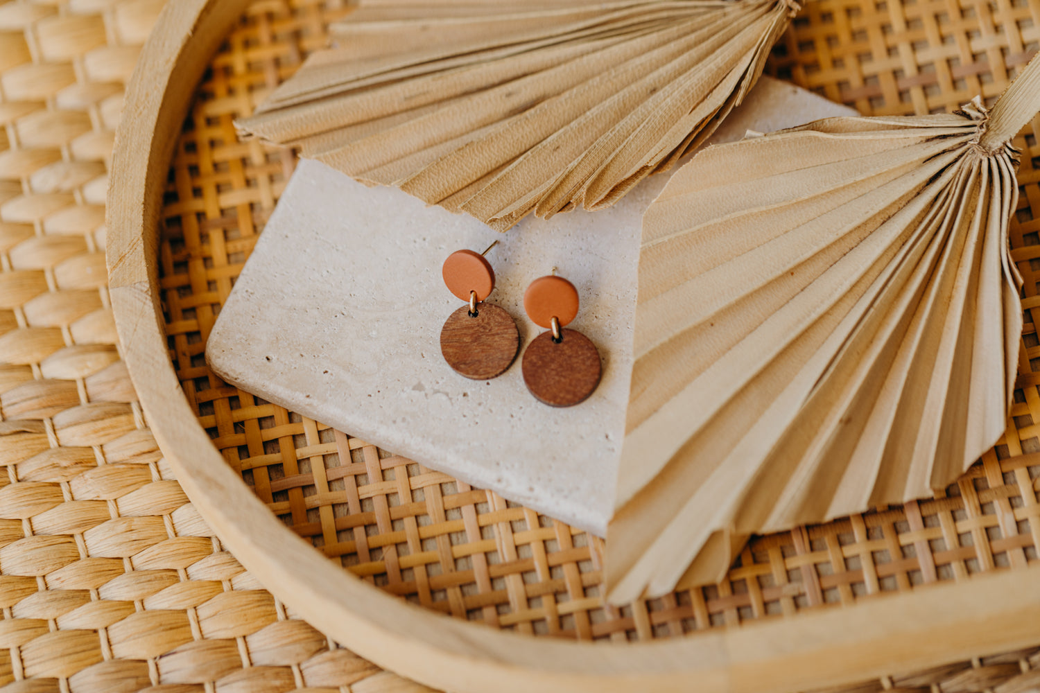 Cinnamon colored round polymer clay earrings with round wooden pendant