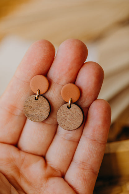Cinnamon colored round polymer clay earrings with round wooden pendant