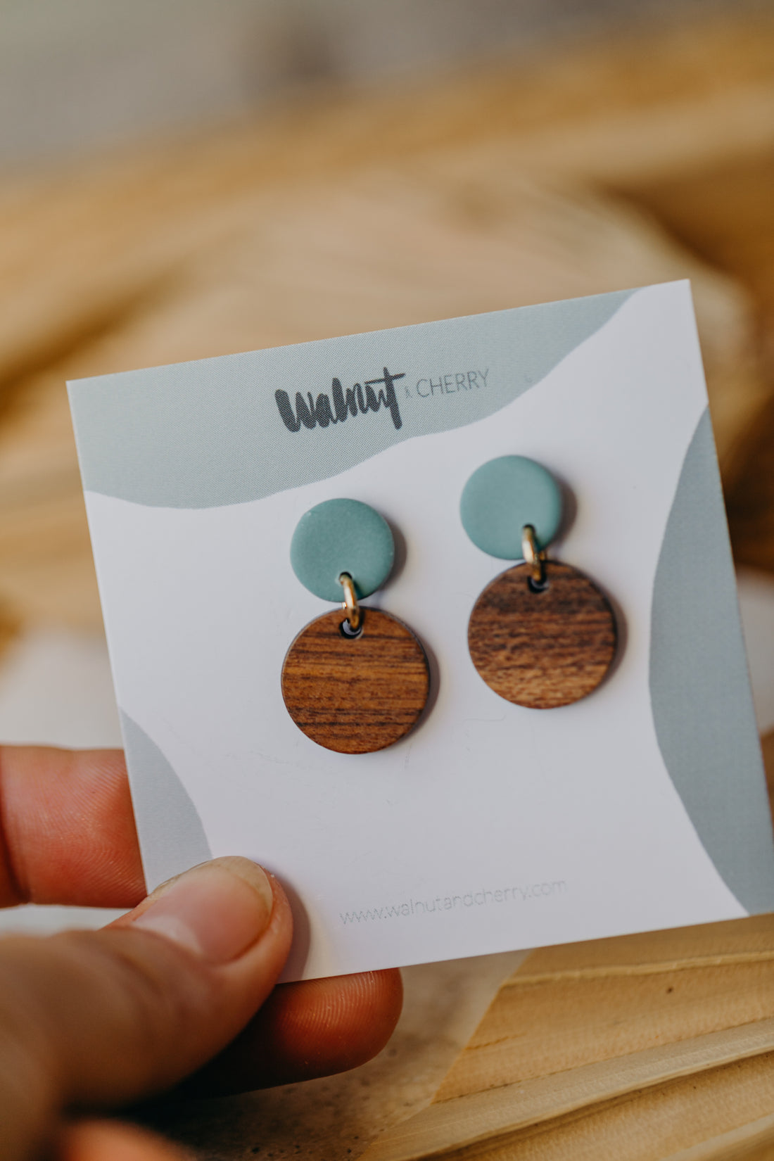 YUMI - round turquoise polymer clay earrings with round wooden pendant