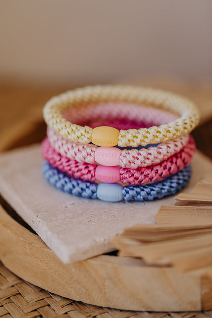KKNEKKI Haargummi Set 055: 4 Haargummis im Set Light Yellow, Pink, Bubble Gum und Sky Blue