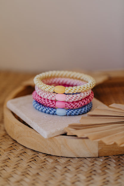 KKNEKKI Haargummi Set 055: 4 Haargummis im Set Light Yellow, Pink, Bubble Gum und Sky Blue