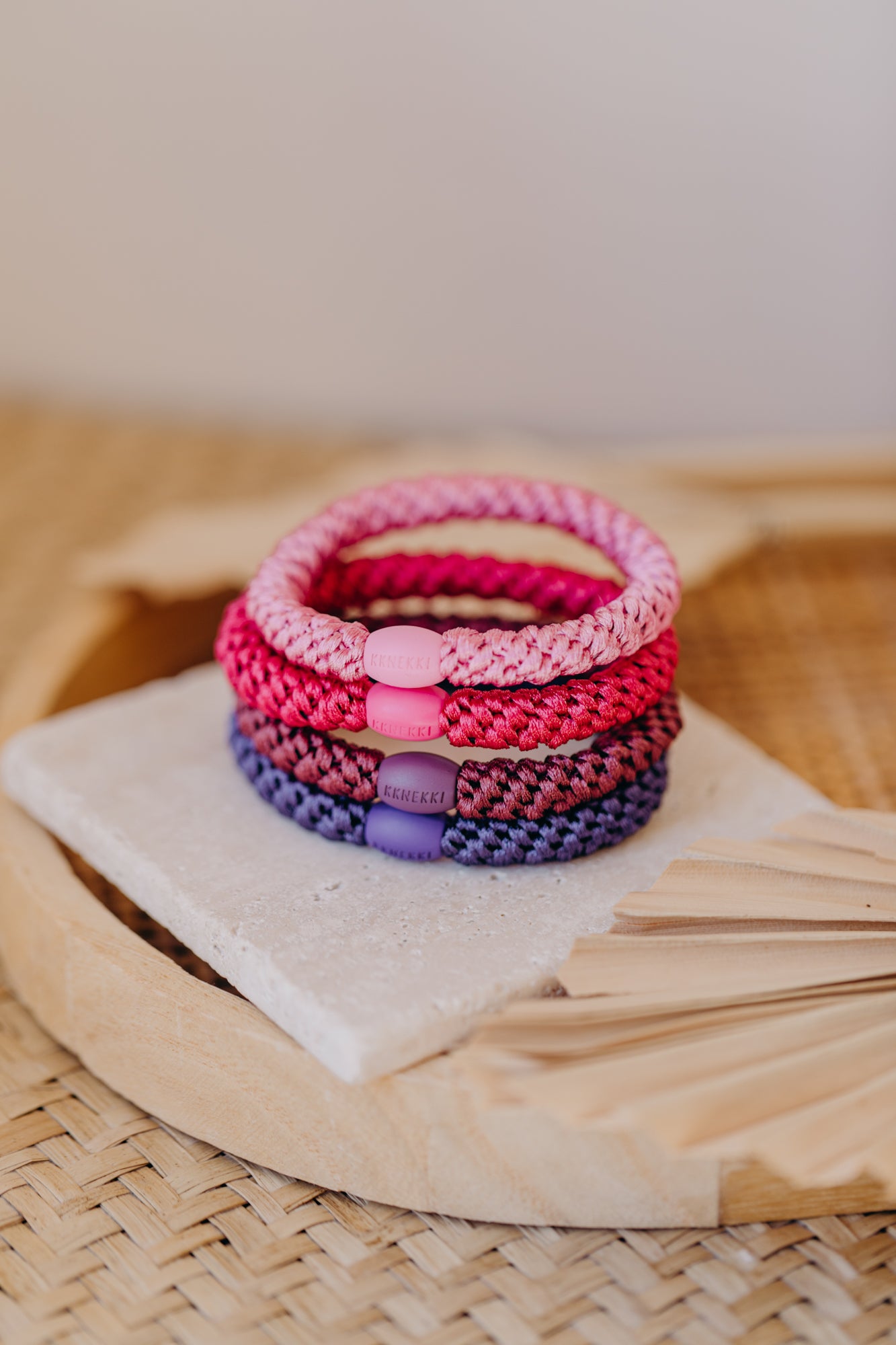 KKNEKKI Haargummi Set 058: 4 Haargummis im Set Bubble Gum, Dunkles Pink, Rosewood und Purple