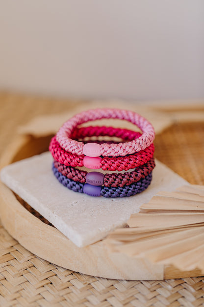 KKNEKKI Haargummi Set 058: 4 Haargummis im Set Bubble Gum, Dunkles Pink, Rosewood und Purple