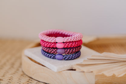 KKNEKKI Haargummi Set 058: 4 Haargummis im Set Bubble Gum, Dunkles Pink, Rosewood und Purple