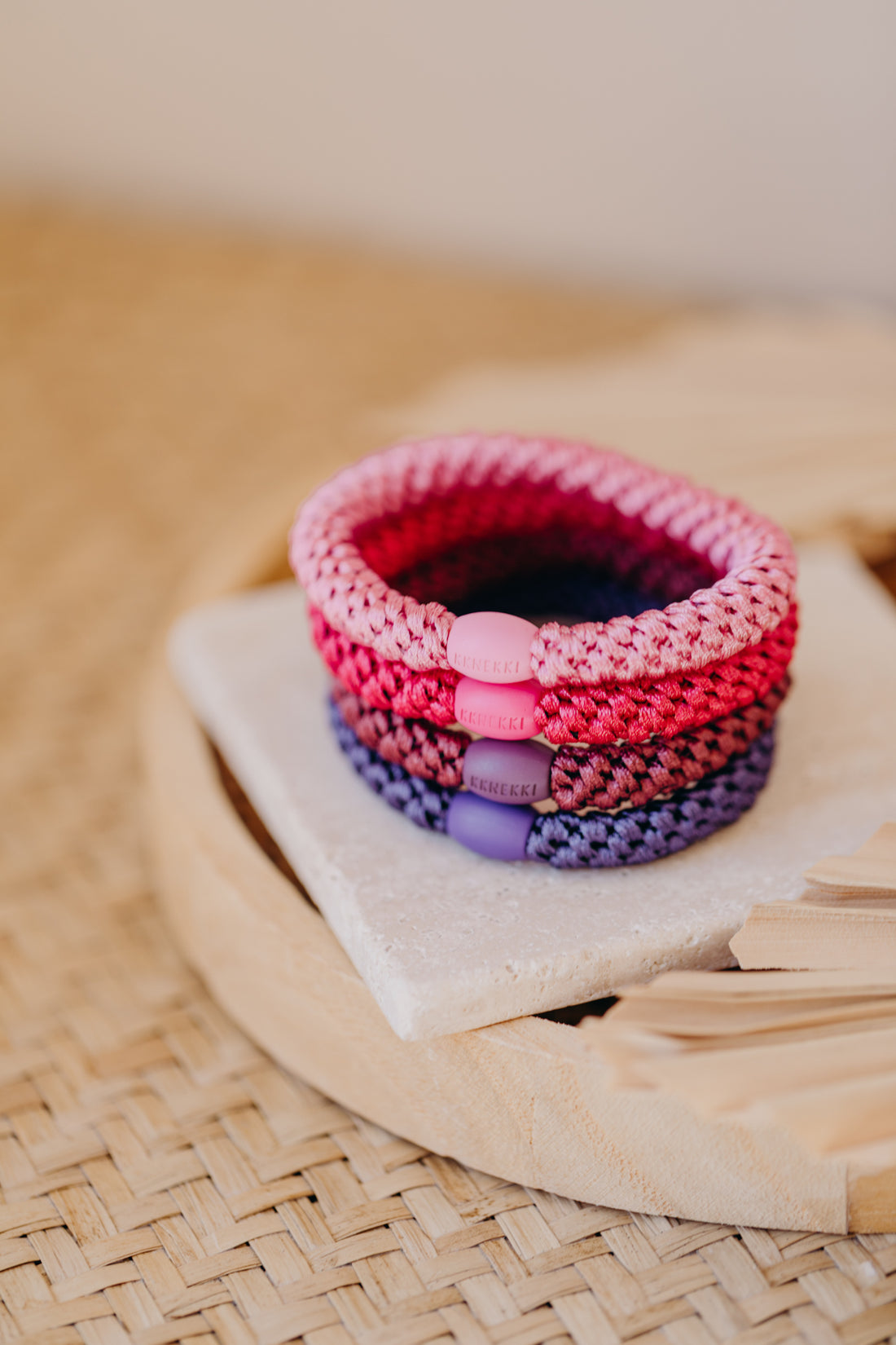 KKNEKKI Haargummi Set 058: 4 Haargummis im Set Bubble Gum, Dunkles Pink, Rosewood und Purple