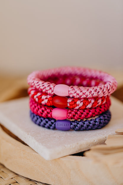 KKNEKKI Haargummi Set 059: 4 Haargummis im Set Bubble Gum, Dunkles Pink, Red Bubble Stripe und Purple