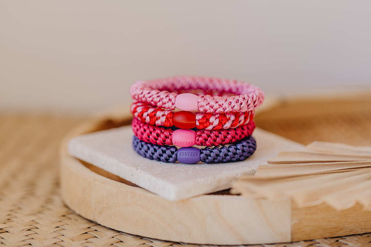 KKNEKKI Haargummi Set 059: 4 Haargummis im Set Bubble Gum, Dunkles Pink, Red Bubble Stripe und Purple