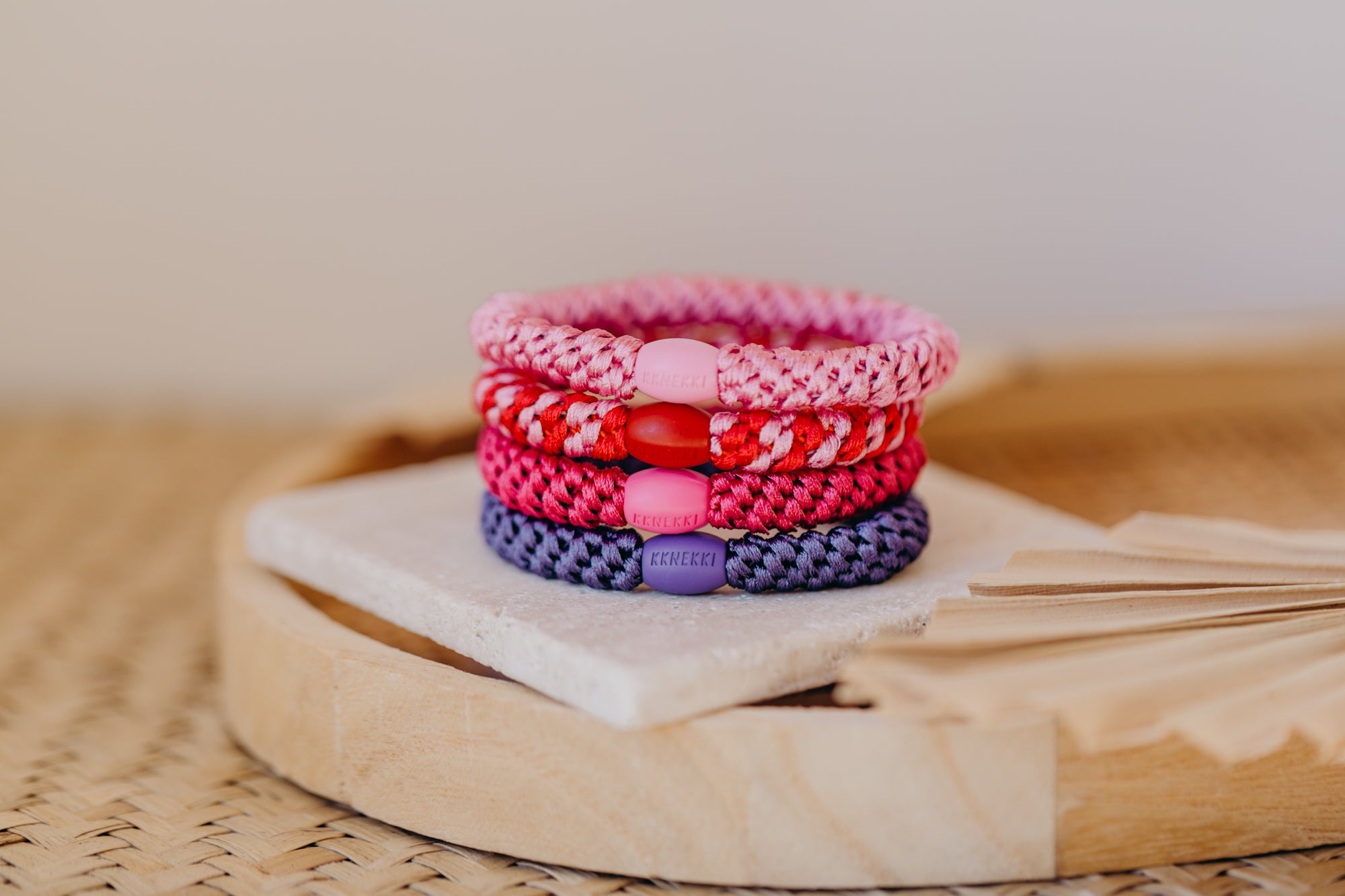 KKNEKKI Haargummi Set 059: 4 Haargummis im Set Bubble Gum, Dunkles Pink, Red Bubble Stripe und Purple