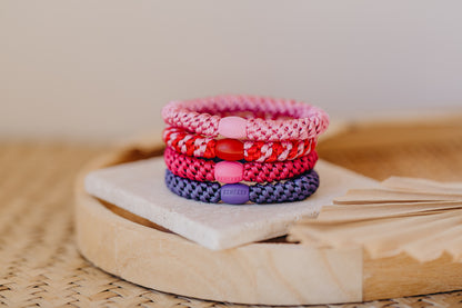 KKNEKKI Haargummi Set 059: 4 Haargummis im Set Bubble Gum, Dunkles Pink, Red Bubble Stripe und Purple