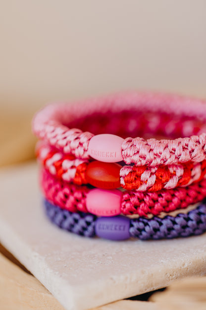 KKNEKKI Haargummi Set 059: 4 Haargummis im Set Bubble Gum, Dunkles Pink, Red Bubble Stripe und Purple