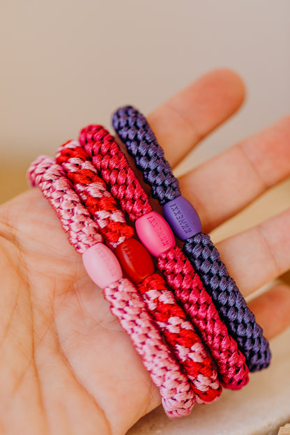 KKNEKKI Haargummi Set 059: 4 Haargummis im Set Bubble Gum, Dunkles Pink, Red Bubble Stripe und Purple