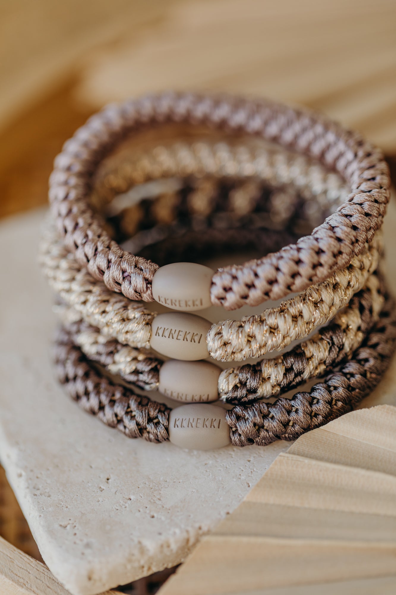 KKNEKKI Haargummi Set 038: 4 Haargummis im Set Beige Glitter, Dove, Mole Beige, Mole