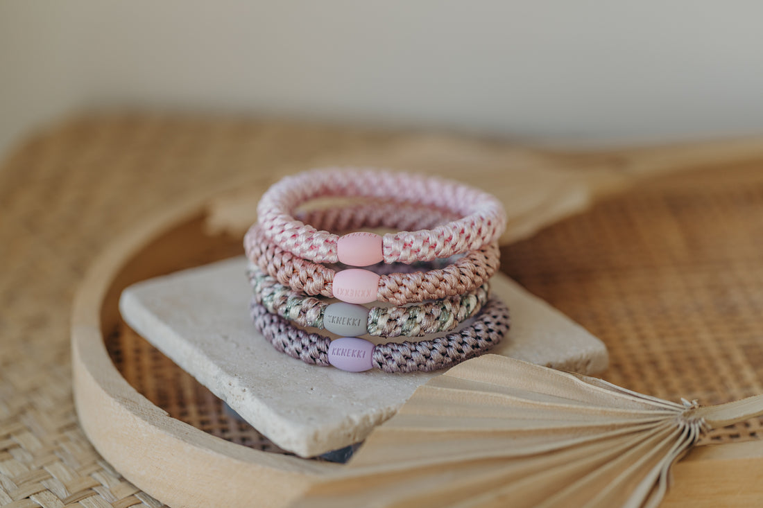 KKNEKKI Hair Tie Set 039: 4 hair ties in a set: Pink, Dusty Rose, Pearl Lavender and Mix Dusty Green Light Pink Glitter