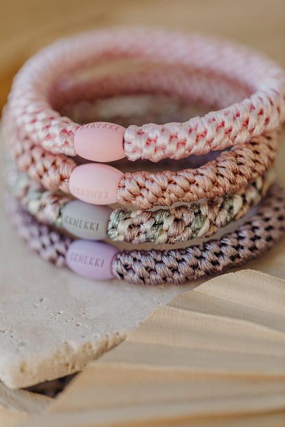 KKNEKKI Haargummi Set 039: 4 Haargummis im Set Pink, Dusty Rose, Pearl Lavendel und Mix Dusty Green Lightpink Glitter