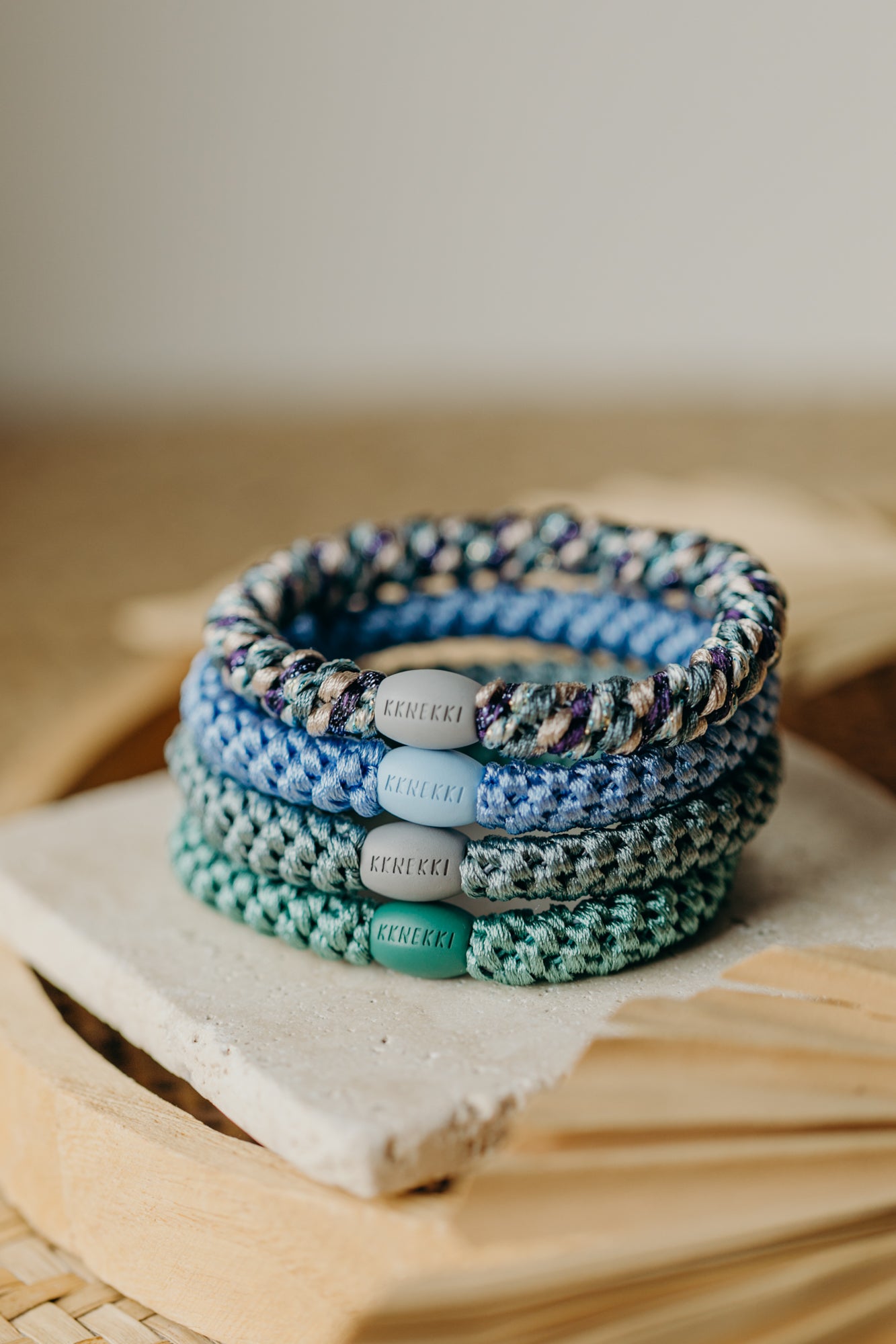 KKNEKKI Haargummi Set 041: 4 Haargummis im Set Faded Green Aqua, Sky Blue, Mix Teal Purple