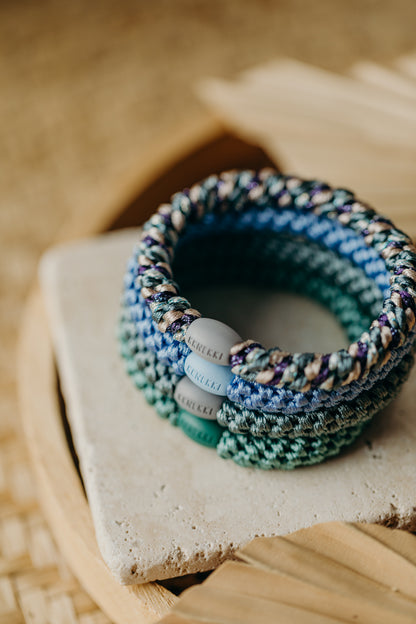 KKNEKKI Haargummi Set 041: 4 Haargummis im Set Faded Green Aqua, Sky Blue, Mix Teal Purple