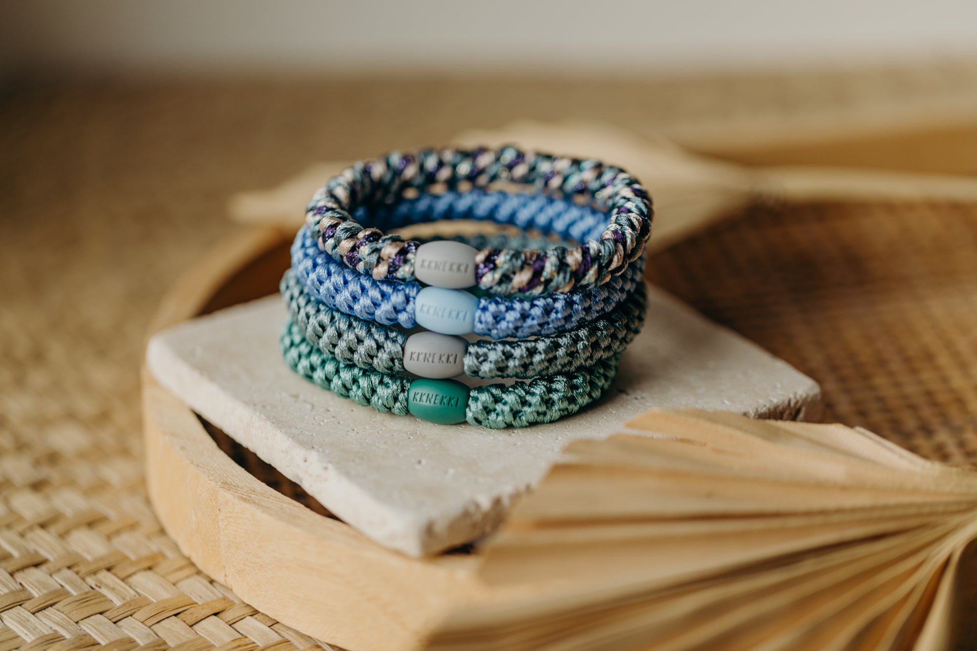 KKNEKKI Haargummi Set 041: 4 Haargummis im Set Faded Green Aqua, Sky Blue, Mix Teal Purple