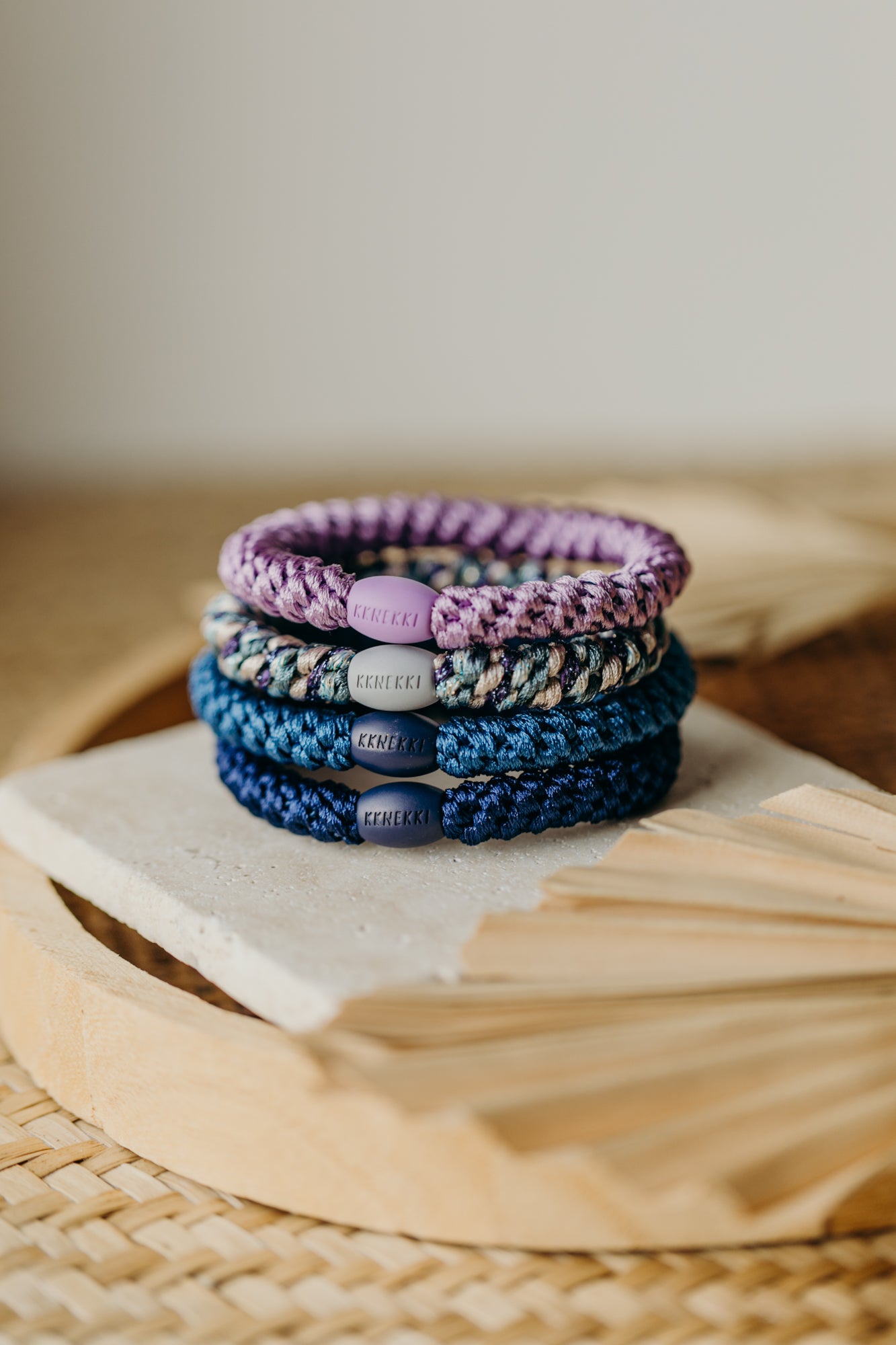 KKNEKKI Hair Tie Set 042: 4 hair ties in a set: Lavender, Mixed Teal Purple, Indigo, Navy