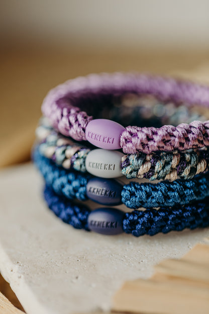 KKNEKKI Hair Tie Set 042: 4 hair ties in a set: Lavender, Mixed Teal Purple, Indigo, Navy