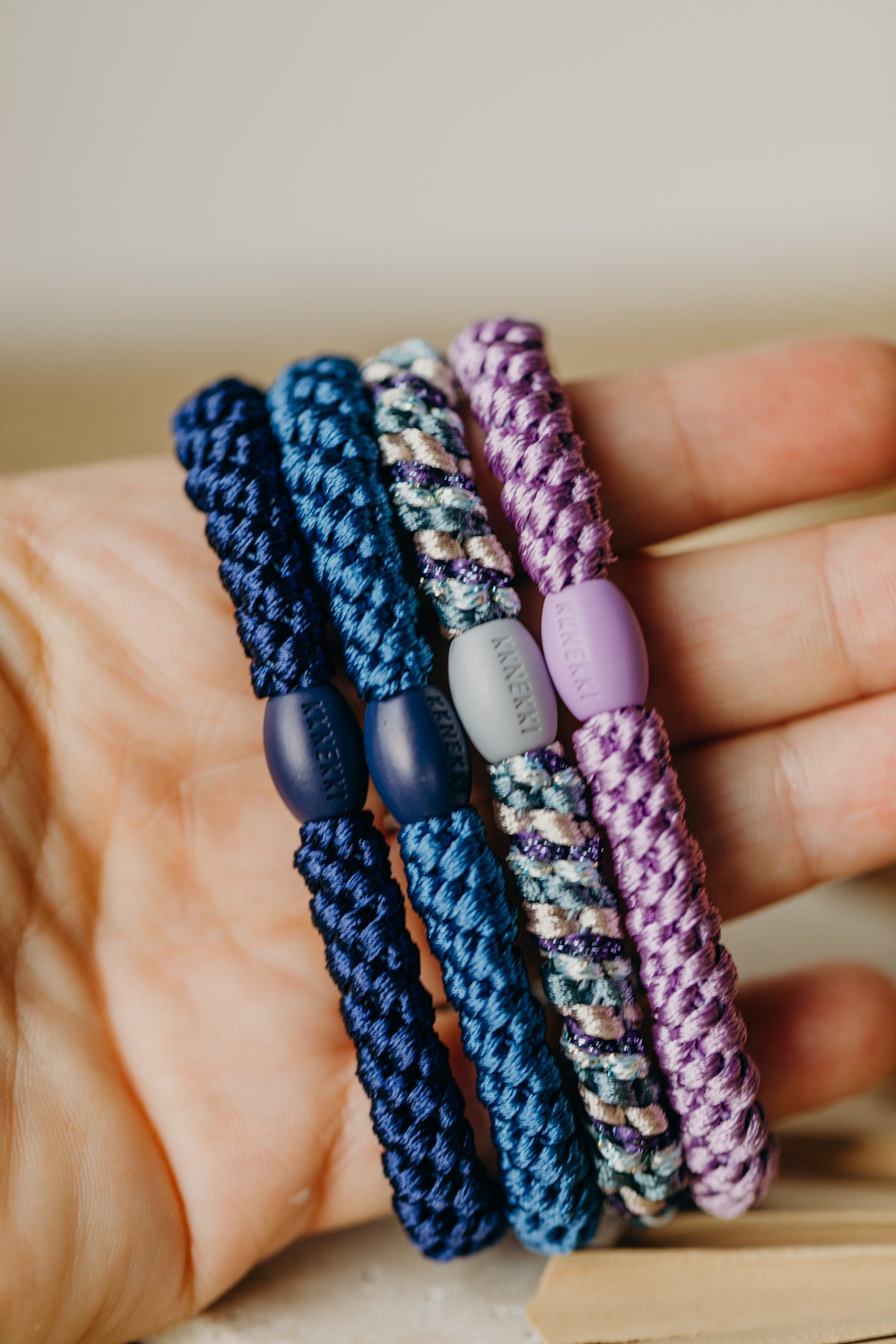 KKNEKKI Haargummi Set 042: 4 Haargummis im Set Lavendel, Mix Teal Purple, Indigo, Navi