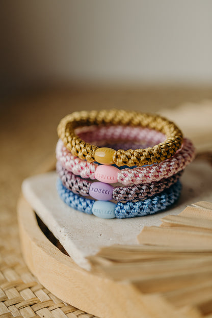 KKNEKKI Haargummi Set 046: 4 Haargummis im Set Sky Blue, Pearl Lavendel, Pink und Mustard